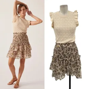 Anthropologie Current Air Dress Mini Sweater Ruffle Crewneck‎ Beige Size Small thumbnail 2