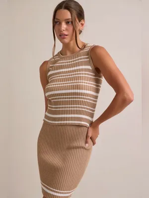 Boutique Ribbed Knit Two Piece Skirt Set Neutral Beige White Medium thumbnail 3