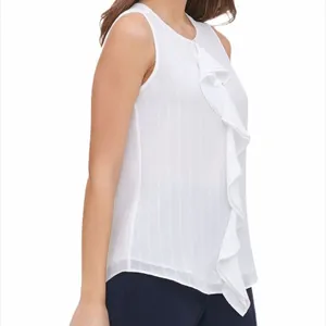 TOMMY HILFIGER White Sleeveless Ruffle Front Top M Lined Blouse thumbnail 4
