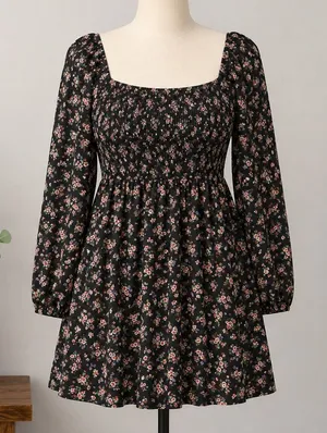 Forever‎ 21+ Floral Smocked Mini Dress 1X Black Long Sleeve Square Neck NWT thumbnail 1
