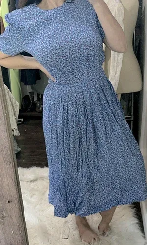 Karin Stevens vintage Blue Floral Midi Dress size 14 smocked waist thumbnail 1