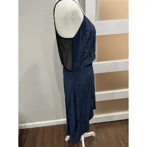 Parker Navy Blue‎ Silk Blend Mesh Back Smocked Waist hi low Midi Dress Size S thumbnail 2