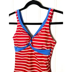 Boden Red White Striped One Piece Swimsuit Blue Trim Twist Front US 6 UK 10 thumbnail 2