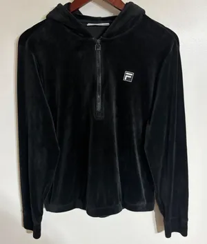 Fila Womens Black Velour Quarter Zip Hoodie Silver Logo Long Sleeve‎ Pullover M thumbnail 1