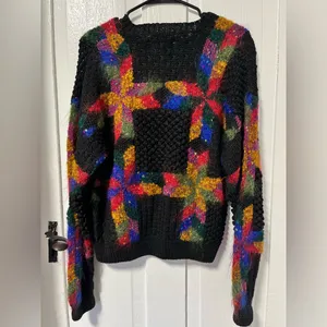 Vintage Knitting needles Hand Knit Quilt Pattern Fuzzy Crewneck sweater size M thumbnail 3