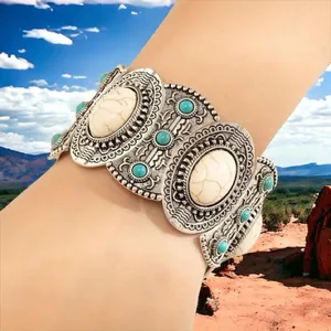 Bohemian Retro Style Silver Color Elastic‎ Women's Turquoise Bracelet thumbnail 1