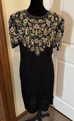 Vintage Stenay Silk Beaded Sequin Dress 10 8 6 80s Gatsby Floral Party Cocktail thumbnail 1