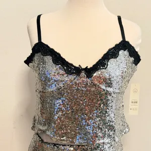 No Boundaries Sequin Cropped Skirt Set Sz L Silver Black Lace Trim Party Glam thumbnail 4