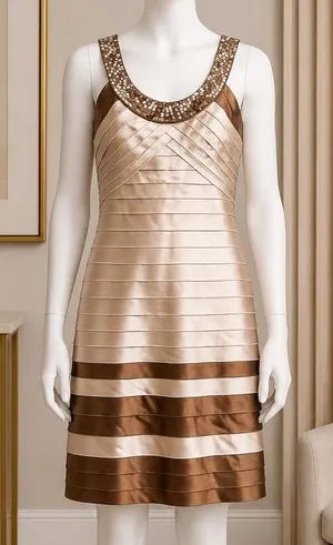 BCBGMAXAZRIA Women Dress Sequin Neck Tiered Satin Bandage Bodycon Gold Brown XS thumbnail 1