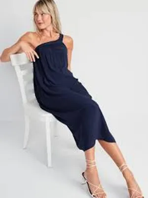 OLD NAVY One Shoulder Midi Shift Dress Volcanic Blue Size Large L POCKETS thumbnail 1