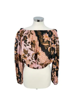 Vici Floral Boho Festival Off-Shoulder Puff Sleeve Blouse Pink Black Size Small thumbnail 3