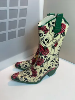 Corkys Edgy Skull Rose Western Cowboy Rain Boots Alternative Grunge Block Heel 8 thumbnail 9