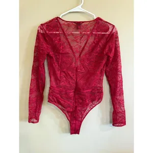 Victorias‎ Secret Red Lace Long Sleeve Plunging V Neck Bodysuit S P thumbnail 2