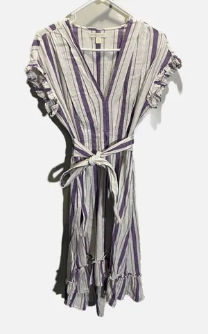 Chelsea & Violet Stripe Dress Womens XS Purple Linen Blend Ruffle‎ Boho Summer thumbnail 1