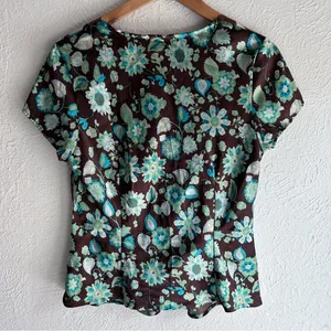 AGB Y2K Floral Lace Trim Empire Waist Top Brown & Teal Large thumbnail 3