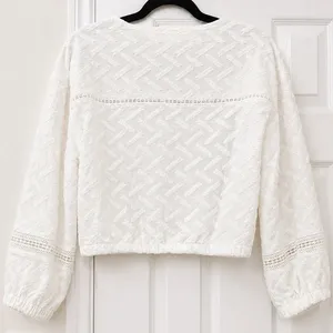 Line & Dot White Textured Cotton Boho Crop Blouse Tassel Tie Top Small thumbnail 3
