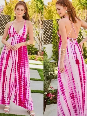 NEW Main Strip Tie-Dye halter Maxi Dress open back Pink beach SMALL thumbnail 2