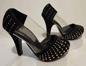 Mochi Faux Suede Elegant Studded Transparent Sides Black and Gold Heels thumbnail 1