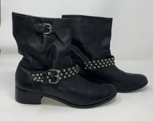 Carmim Women's Biker Moto Boots Black Leather Studded Buckle Strap Ankle Boots thumbnail 1