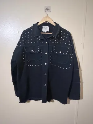Fantastic Fawn Studded Jacket Black L Collared Snap Frayed Long Sleeve thumbnail 4