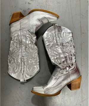 Metallic Silver Western Cowboy Boots with Embroidered Detail and Block Heel thumbnail 1