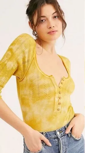 Y2K Free People XS Button Hanley Top‎ 3/4 Sleeve Gold Yellow Pointelle Coquette thumbnail 1