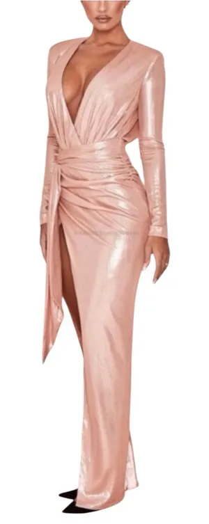 House Of CB Mina Dress Deep V-Neck Metallic Pink Long Sleeve Gown SMALL thumbnail 1
