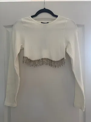 Sincerely Jules Ivory Ribbed Cropped Top with Silver Beaded Fringe thumbnail 1