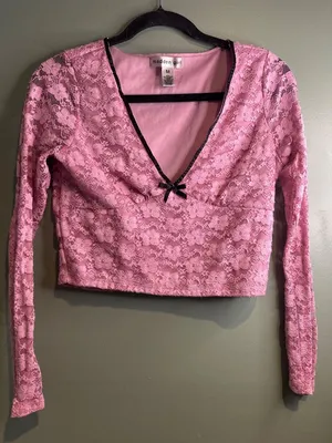 Madden Girl Pink Lace Crop Top Womens M Y2K Coquette Fairy Grunge Long Sleeve thumbnail 1