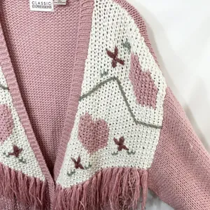 VTG Plus Size 20W Sweater Pink‎ Hand Knit Heart Fringe Cardigan Cottagecore 774 thumbnail 7