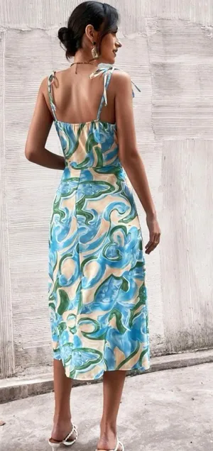 Blue ocean mermaid Floral cut slit thigh green new spaghetti dress small nwot floral vacation Hawaii maxi wedding Long Beach midi thumbnail 3