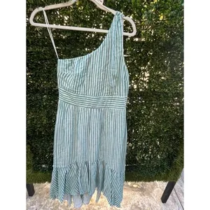 Audrey Parks Francescas One‎ Shoulder Striped Ruffle Mini Dress Sage Green White thumbnail 2