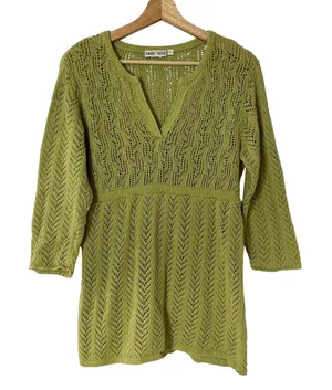 Nomadic Traders lime green knit v-neck blouse women's‎ size large vintage style thumbnail 1