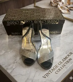 Vintage Amano Women's Silver Slingback Peep-Toe Heels with Crystal Accent thumbnail 1