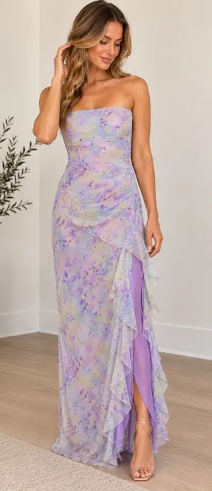 💜 Blue Blush NWT Lilac Watercolor Mesh Ruffle Maxi Dress Size Large 💜 thumbnail 1