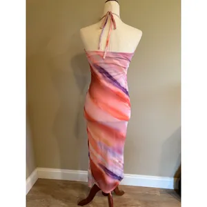 Caution to the Wind Pink Orange Watercolor Ruched‎ Halter Maxi Dress Medium thumbnail 2