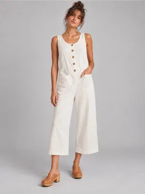 Marine Layer XS Ivory Sleeveless Button Front Wide Leg Cropped Jumpsuit Pockets thumbnail 3