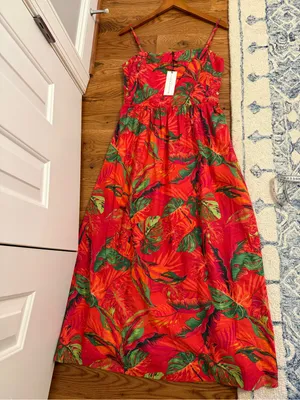 Maison d'Amélie tropical print red maxi dress NWT Size Small Linen Blend thumbnail 6