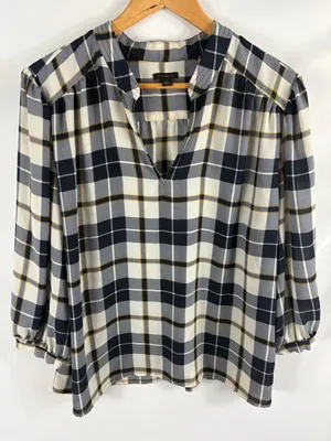 Ann Taylor Blue White Plaid V Neck Blouse Size XL thumbnail 1