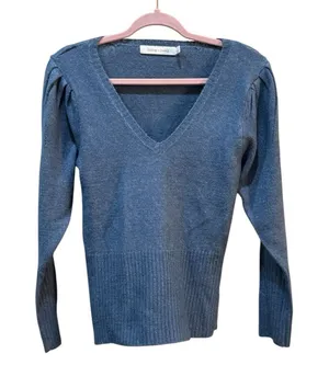 Bishop‎ And Young Blue V Neck Puff Sleeve Sweater Size Small Pullover thumbnail 1