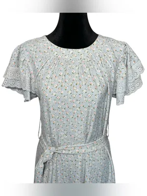 JessaKae Dainty Floral Belted Midi Dress Lace Eyelet Sleeves thumbnail 2