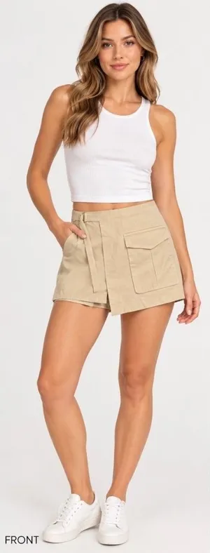 Zara Wrap Cargo Skort Womens XS Beige Sand 100% Cotton Utility Mini Skirt Shorts thumbnail 1