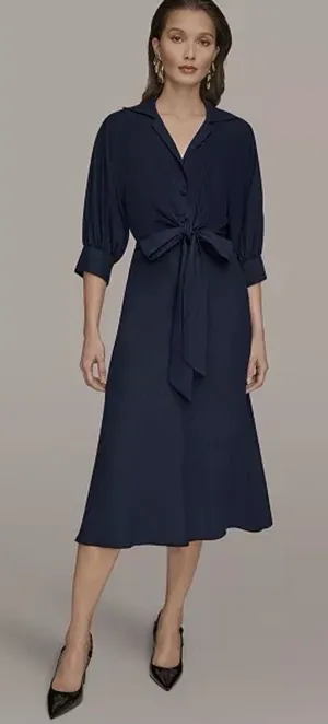 Donna Karan New York Women's Collared 3/4-Sleeve Midi Dress Size 6 Navy Linen thumbnail 1