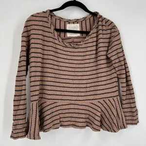 Free People Women's Striped Fringe Neck Thermal Peplum Top Brown Black‎ Size XS thumbnail 3