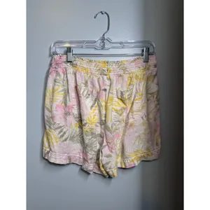 Briggs Womens Tropical Floral Linen Blend Smocked Shorts Pink Yellow Medium thumbnail 2