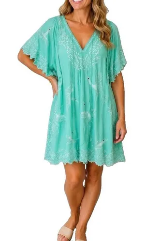 Sundance Aquamarine Embroidered Birds Floral Cotton Boho Beach Dress‎ Size LARGE thumbnail 1