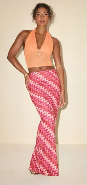 Lulu's Fiala Pink Multi Crochet Chevron Mermaid Maxi Skirt thumbnail 1