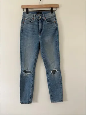 Anthropologie 7 For All Mankind Cotton High Waist Light Wash Ankle Skinny- 24 thumbnail 3
