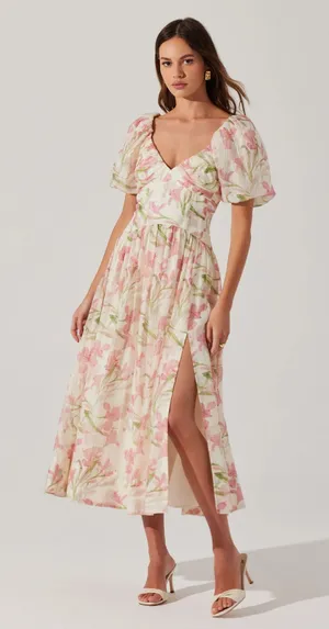 NWT ASTR the Label Sasilia floral puff sleeve dress Sz M midi-length a v-neckline and a front slit coquette chiffon organza like flare Shirred overlay thumbnail 1