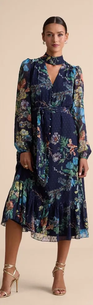 Lulus Fallyn Navy Floral Swiss Dot Long Sleeve Midi Dress Size Medium Tie Waist thumbnail 1